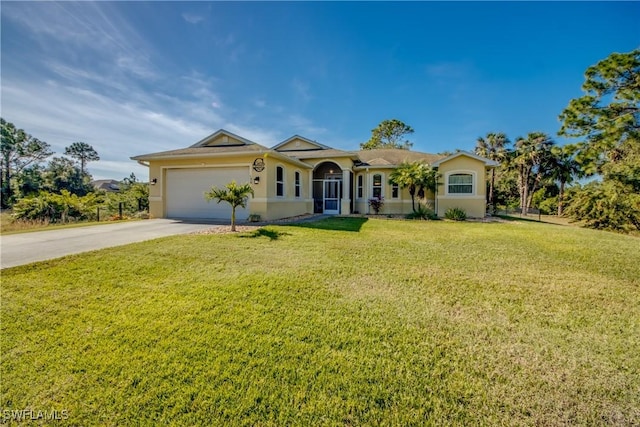 single story home with a front yard and a garage