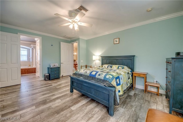 bedroom with wood-type flooring, connected bathroom, ceiling fan, and ornamental molding