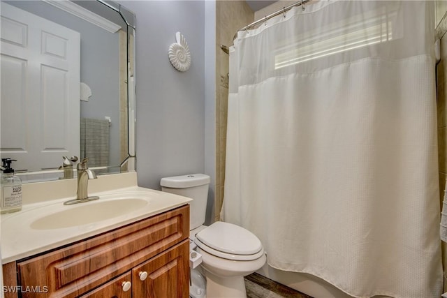 bathroom featuring a shower with curtain, vanity, and toilet