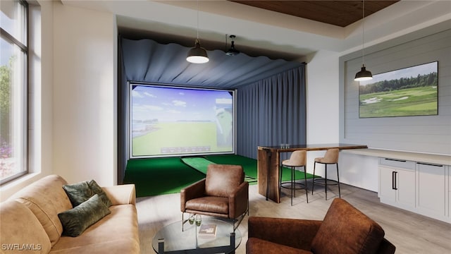 interior space featuring golf simulator and light hardwood / wood-style floors