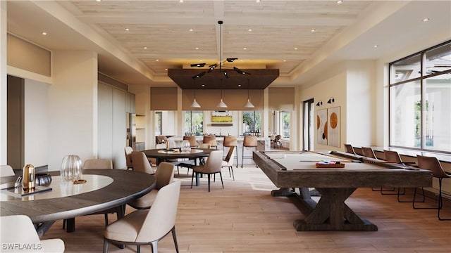 game room with wood ceiling, light hardwood / wood-style flooring, billiards, and a towering ceiling