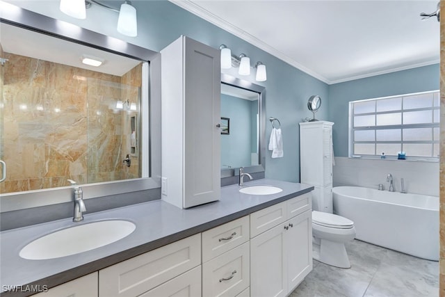 bathroom with a tub to relax in, ornamental molding, vanity, tile walls, and toilet