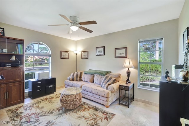 living room with ceiling fan