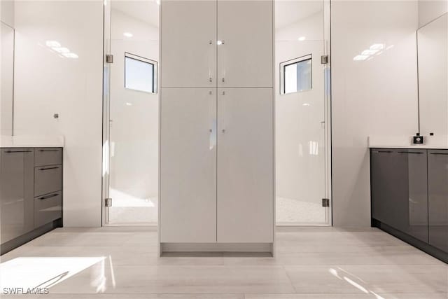 interior space with vanity, plenty of natural light, and a shower with door