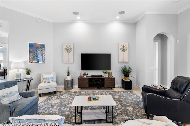 living room with ornamental molding