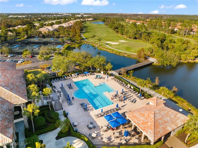 aerial view featuring a water view