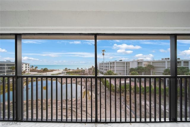 interior space with a water view