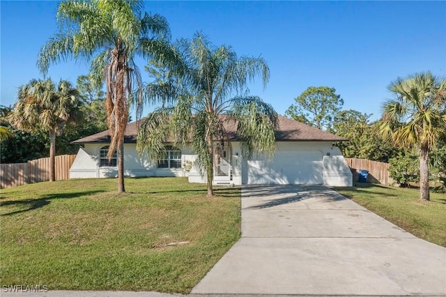 single story home with a front yard and a garage