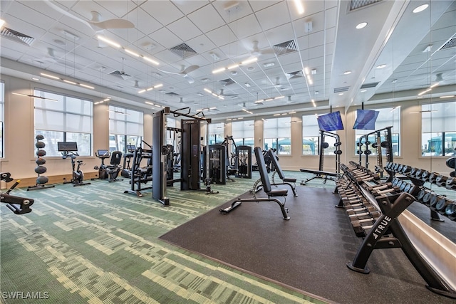 exercise room featuring a paneled ceiling and a wealth of natural light