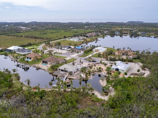 bird's eye view with a water view