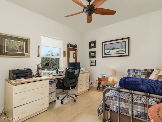 tiled bedroom with ceiling fan