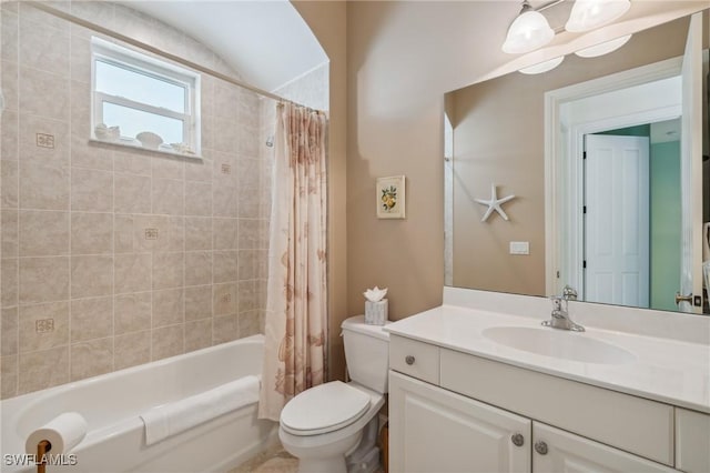 full bathroom featuring vanity, toilet, and shower / bathtub combination with curtain