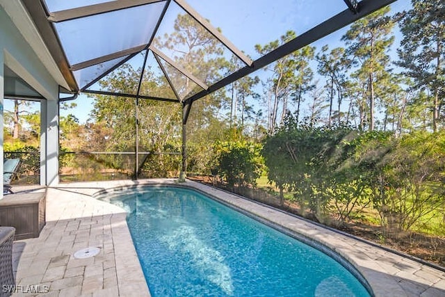 view of swimming pool with a lanai and a patio area