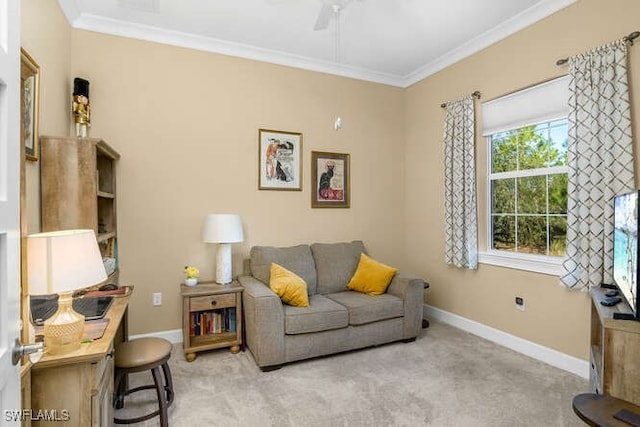 carpeted living room featuring crown molding