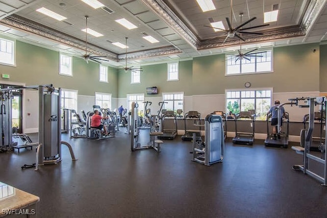 workout area featuring a high ceiling and ceiling fan