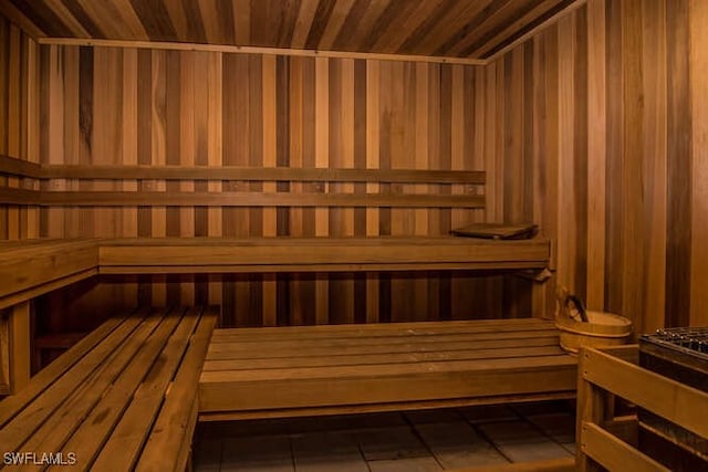 view of sauna with tile patterned floors