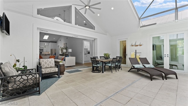 interior space with ceiling fan, an outdoor living space, and french doors