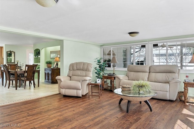 living room with dark wood-type flooring