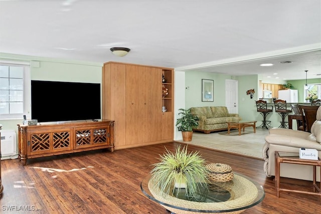 living room with dark hardwood / wood-style flooring and plenty of natural light