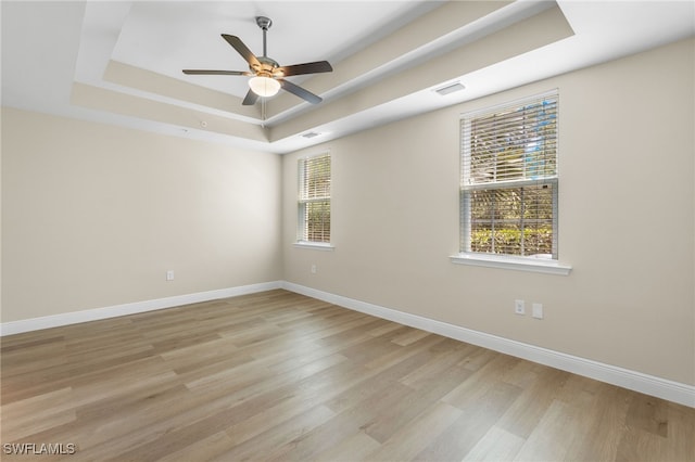 unfurnished room featuring plenty of natural light, light hardwood / wood-style floors, and a raised ceiling