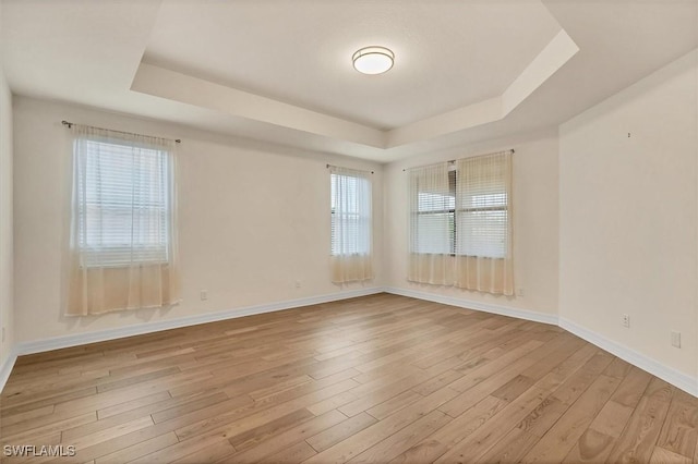 unfurnished room featuring light hardwood / wood-style floors and a raised ceiling