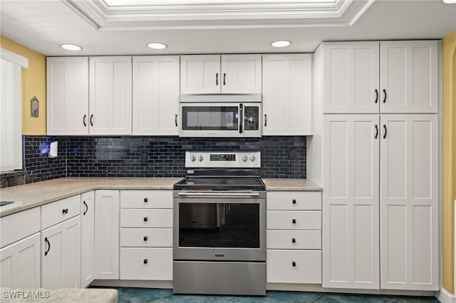 kitchen with a raised ceiling, stainless steel appliances, and white cabinetry