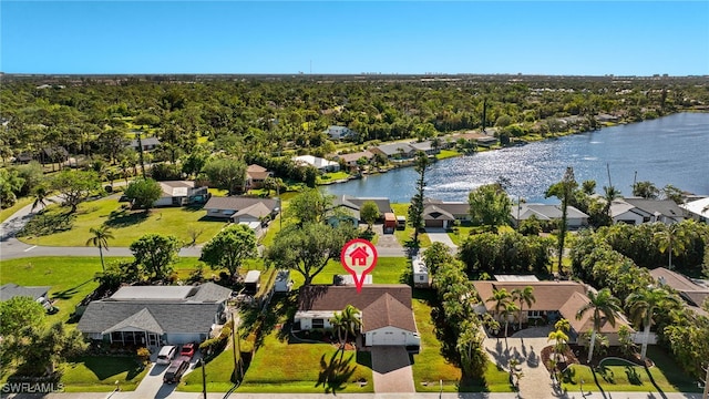 drone / aerial view featuring a water view