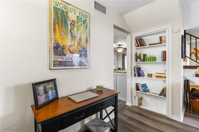 office space with ceiling fan, dark hardwood / wood-style flooring, and lofted ceiling