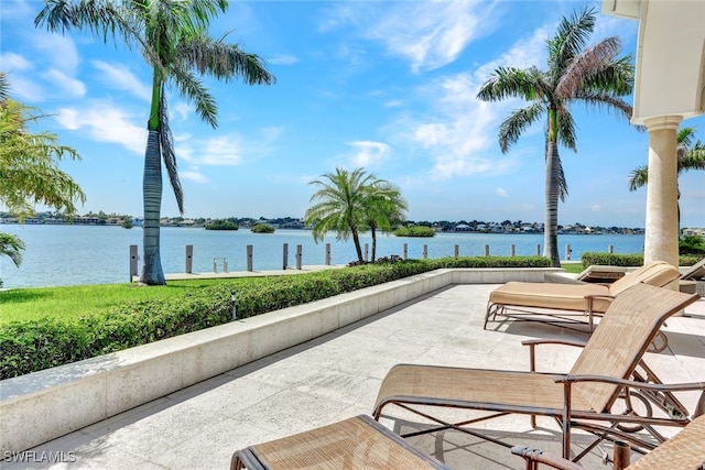 view of patio / terrace featuring a water view