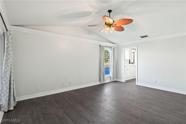 unfurnished room featuring ceiling fan, lofted ceiling, crown molding, and dark hardwood / wood-style flooring