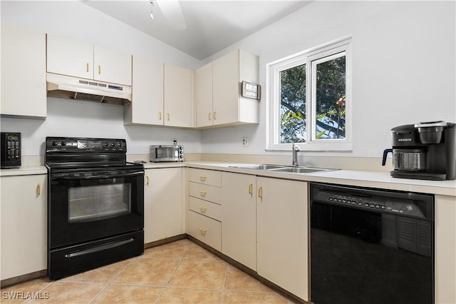 kitchen with light tile patterned floors, sink, ceiling fan, and black appliances