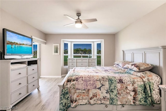 bedroom with ceiling fan and light wood-type flooring