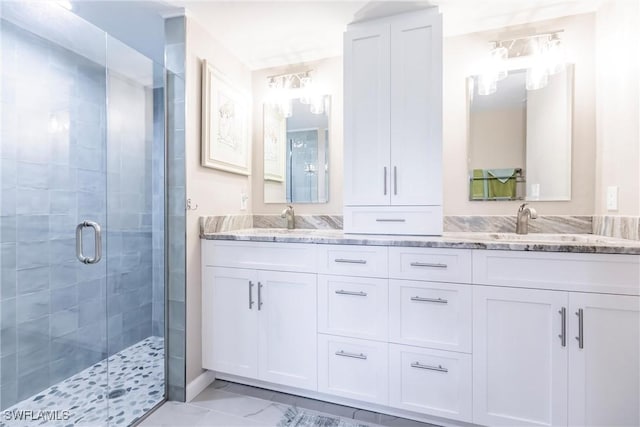 bathroom with vanity and a shower with shower door