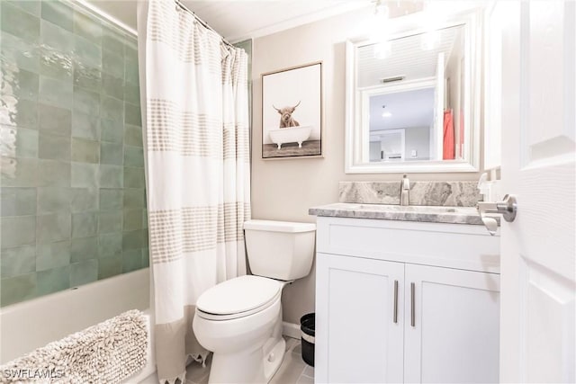 full bathroom with tile patterned floors, vanity, toilet, and shower / tub combo