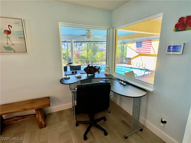 home office with wood-type flooring