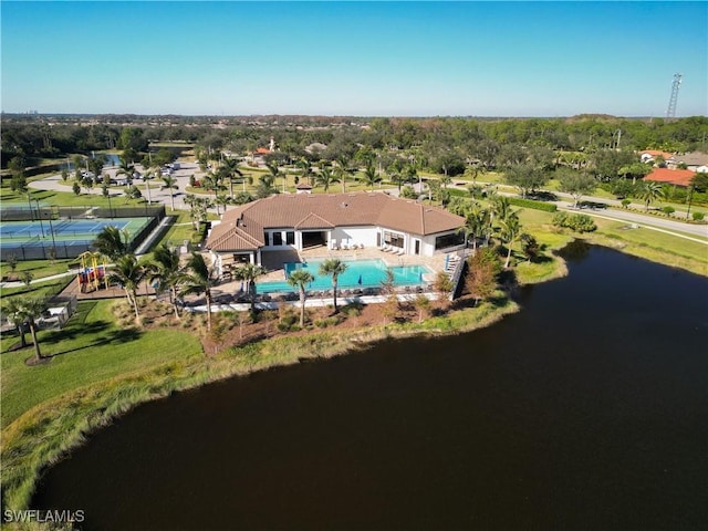 drone / aerial view with a water view