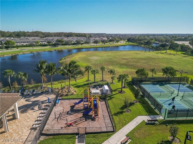 aerial view featuring a water view