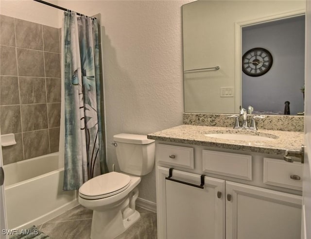 full bathroom with tile patterned floors, vanity, shower / bath combo, and toilet