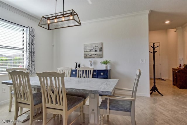 dining space with light tile patterned floors, crown molding, and an inviting chandelier