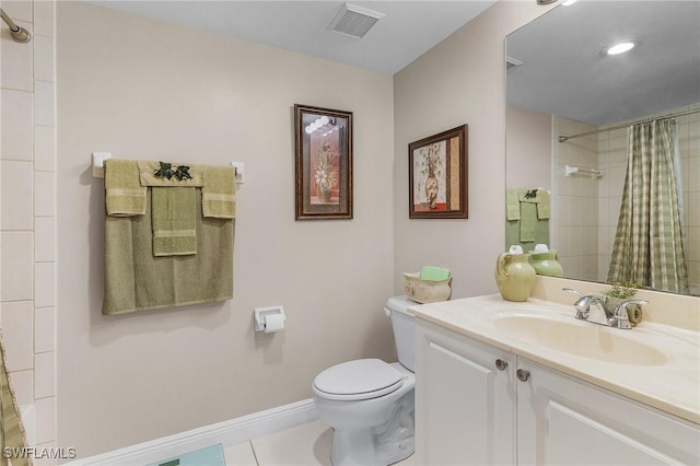 bathroom featuring tile patterned floors, vanity, toilet, and a shower with curtain