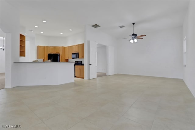 unfurnished living room featuring ceiling fan, light tile patterned flooring, a towering ceiling, and built in features