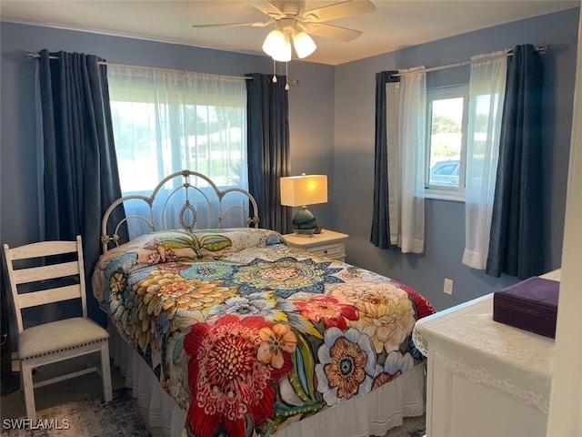 bedroom with ceiling fan and multiple windows