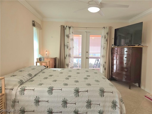 bedroom featuring ceiling fan, french doors, light tile patterned floors, and ornamental molding