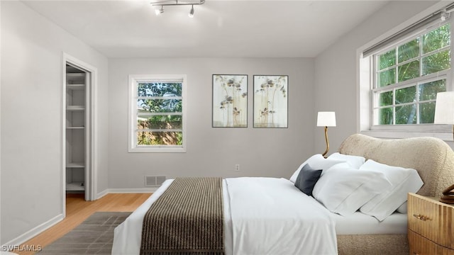 bedroom with wood-type flooring and multiple windows