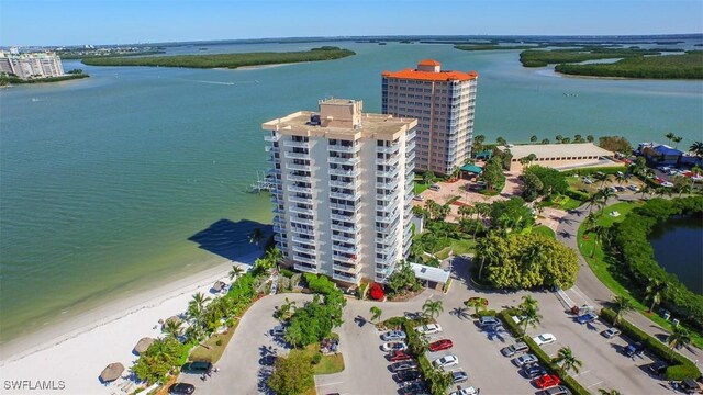 bird's eye view with a water view and a view of the beach