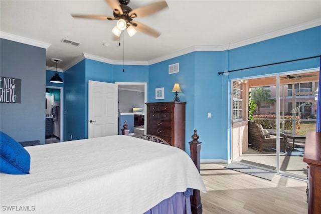 bedroom featuring ceiling fan, ornamental molding, access to outside, and light hardwood / wood-style flooring