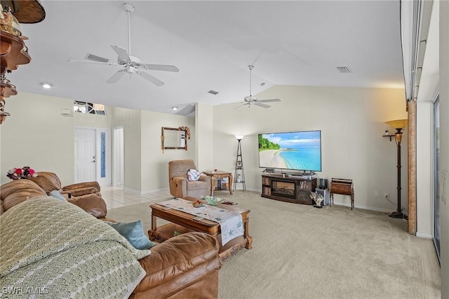 living room with light carpet, high vaulted ceiling, and ceiling fan