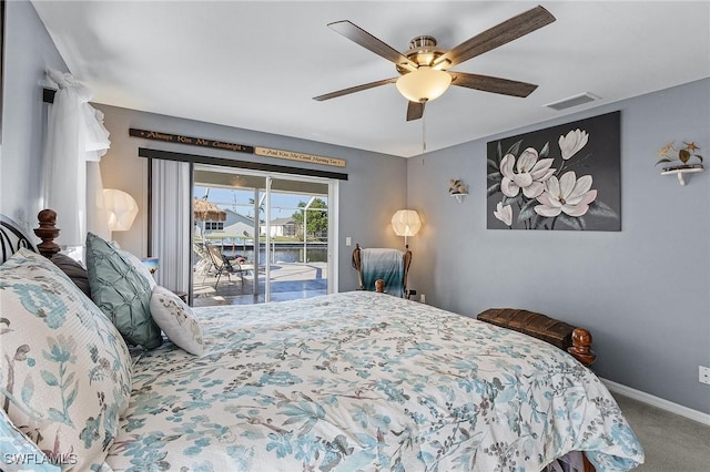 bedroom with carpet flooring, ceiling fan, and access to outside