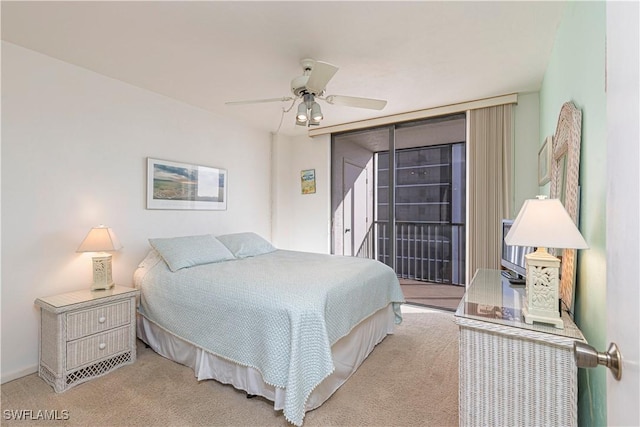 bedroom with access to outside, ceiling fan, and light colored carpet