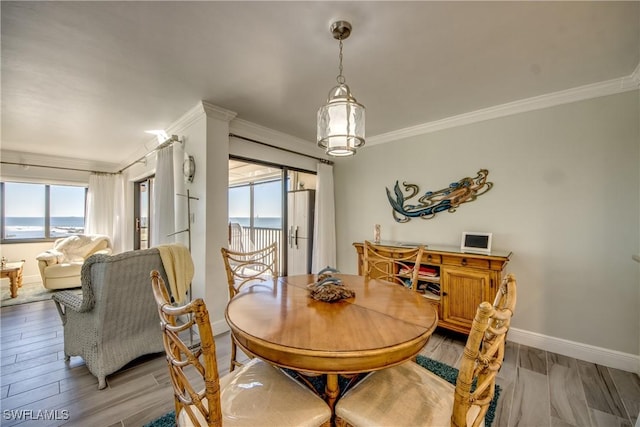 dining area featuring ornamental molding, a water view, a healthy amount of sunlight, and light hardwood / wood-style floors